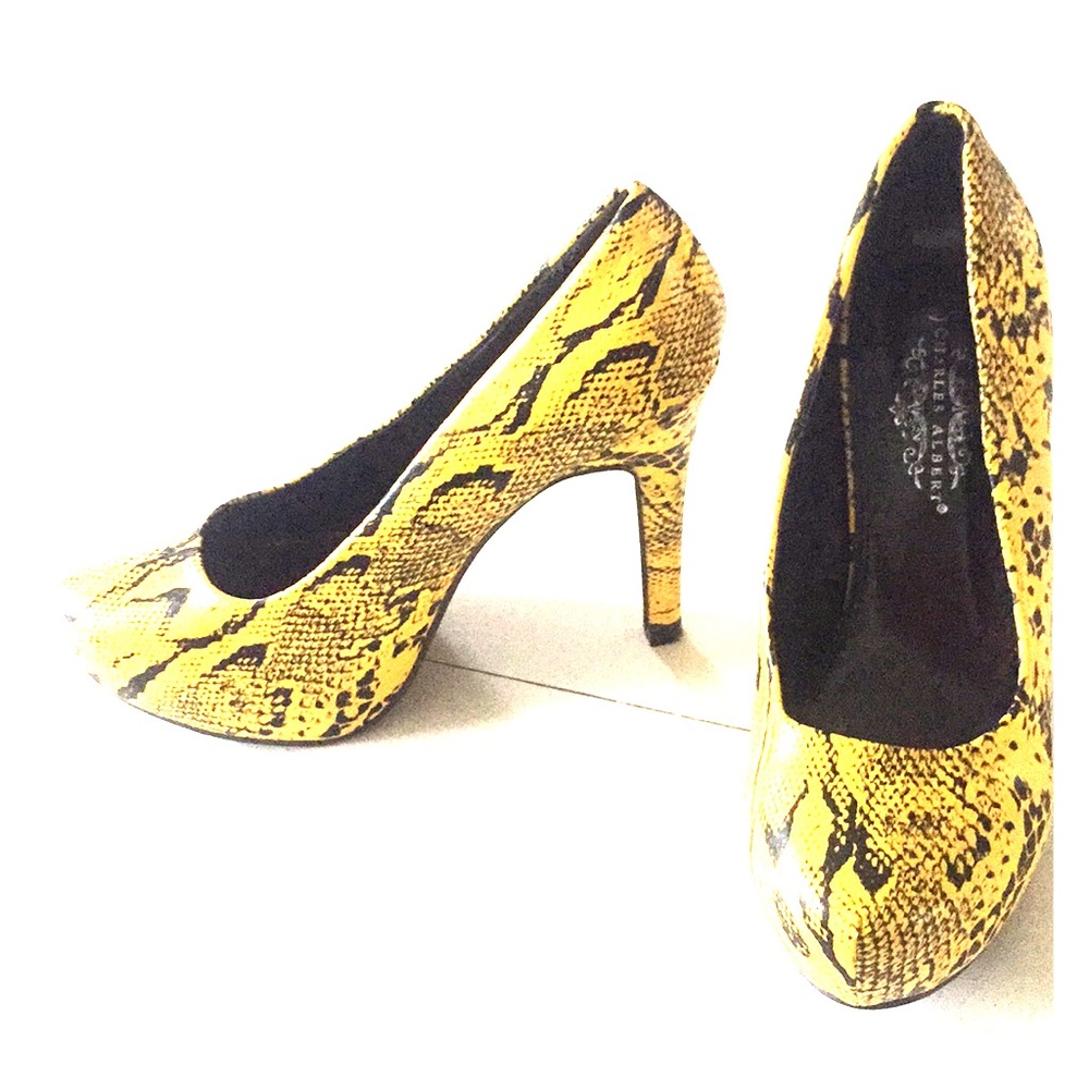 Yellow and Black Faux Snakeskin Heels