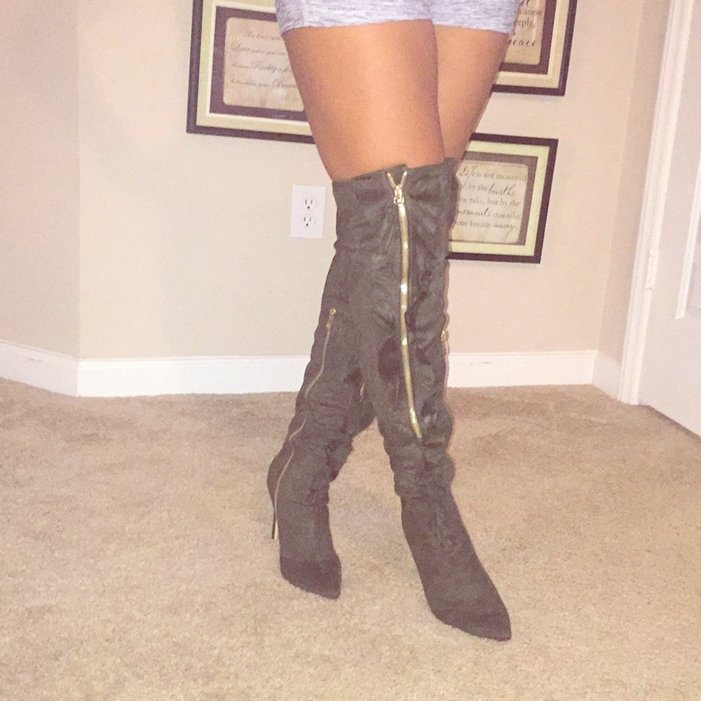 NIB- Trendy Olive vegan suede thigh high boot!