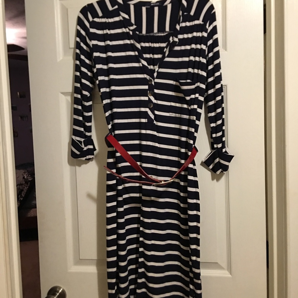 Navy Blue and White Striped Dress with Red Belt