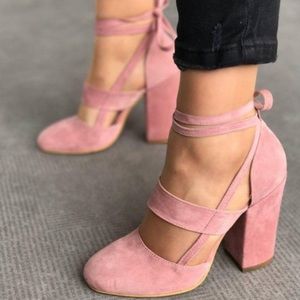 Pink Dress Shoes Chunky Heels Suede Strappy Pumps