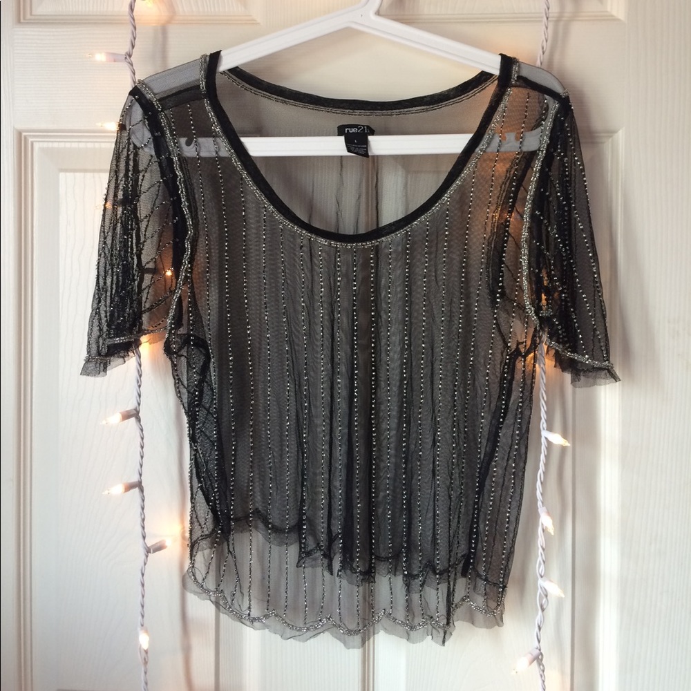 Rue-21 Jeweled See-Through Black Top