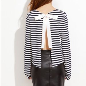 •Navy/white striped open back shirt•