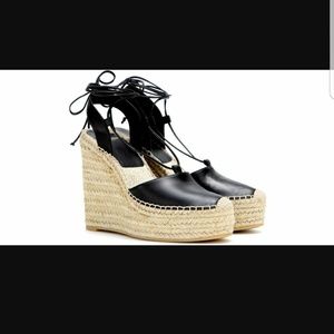 Saint Laurent Black Leather Lace-Up Espadrille 40