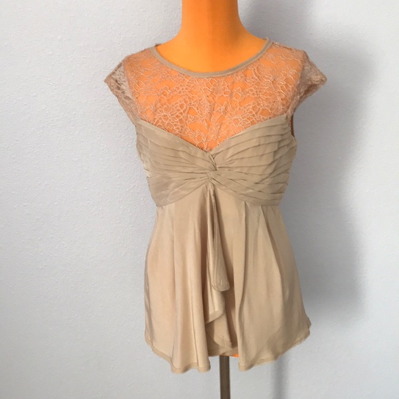 BCBGMaxAzria Tops - BCBGMaxAzria Nude Shelly Lace Draped Blouse