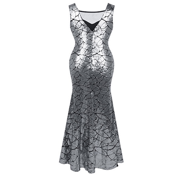 Silver Mermaid Sequin Maxi Holiday Dress