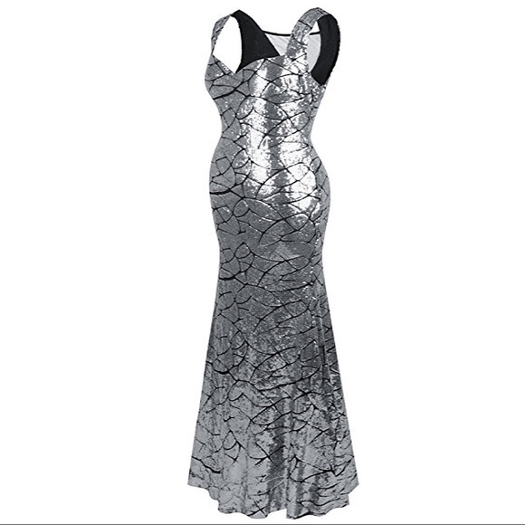 Silver Mermaid Sequin Maxi Holiday Dress