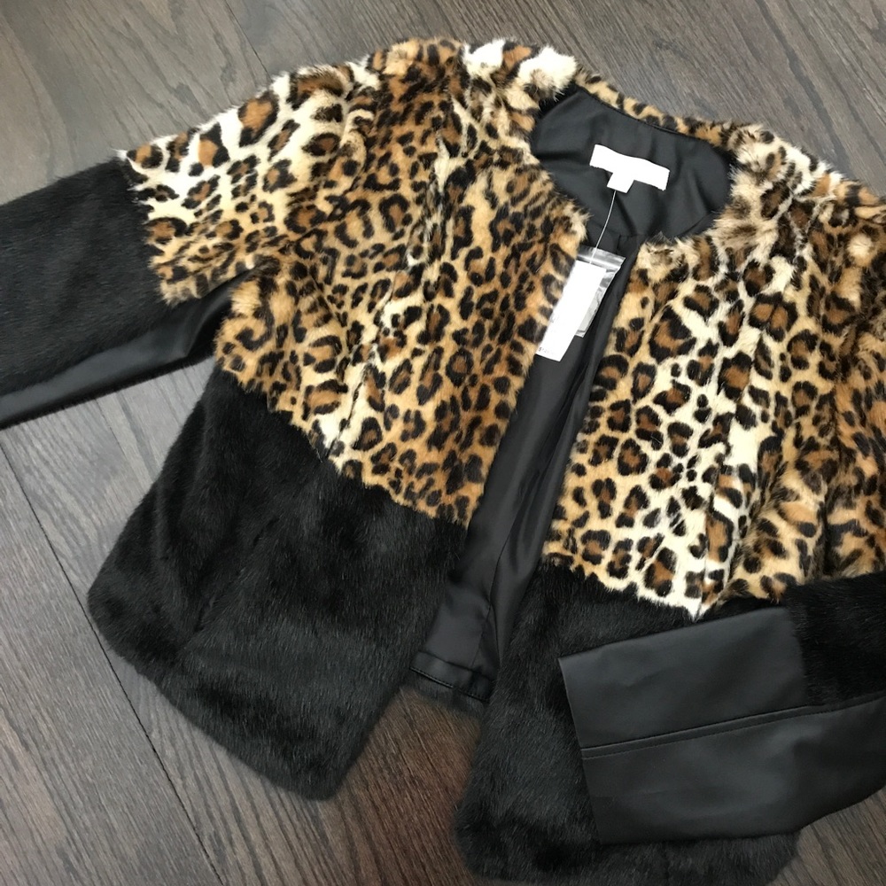 NWT New York & Co Black Leopard Faux Fur Jacket
