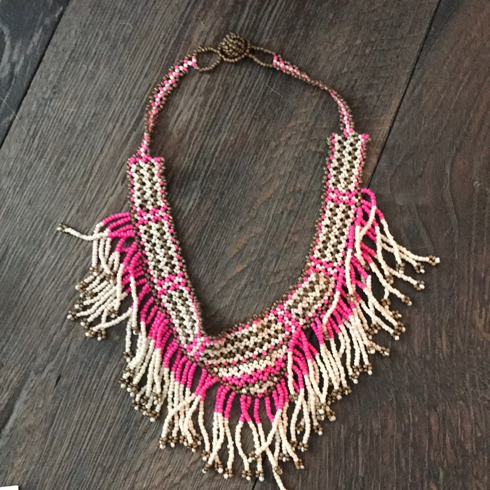 Pink and white fringe necklace