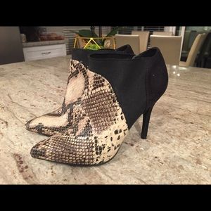 Snakeskin/black stiletto booties