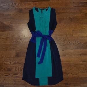 BCBG XS Teal & Navy High-Low Shift Dress with Tie