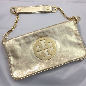 Tory Burch Pebbled Metallic Gold Logo Clutch