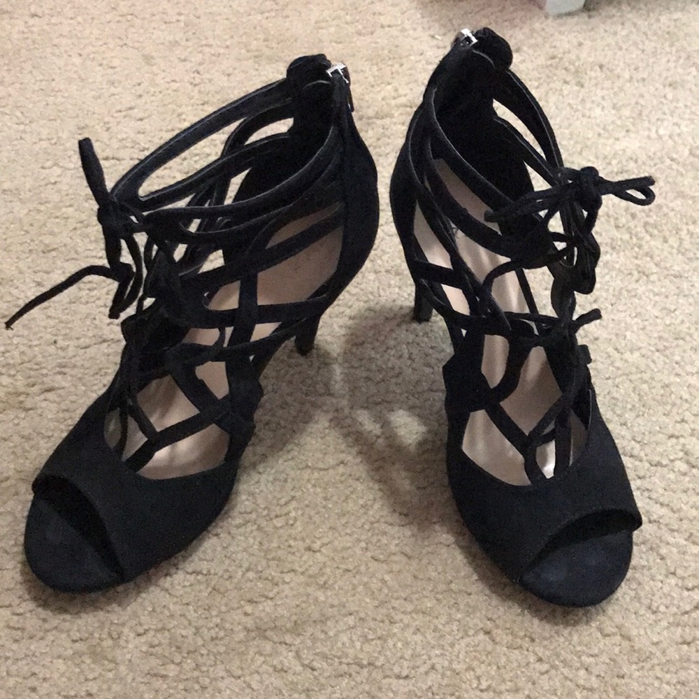 Black suede lace up heels