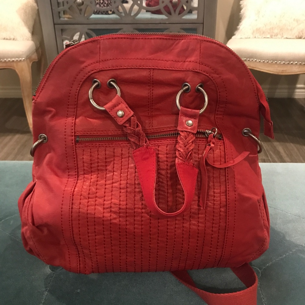 Red leather tote bag
