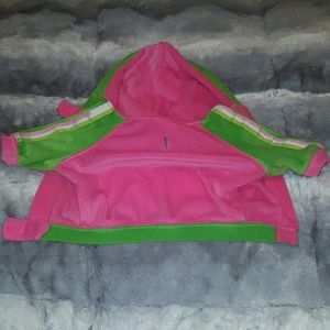 🐶 Dog clothing! Pink and green velour hoodie.