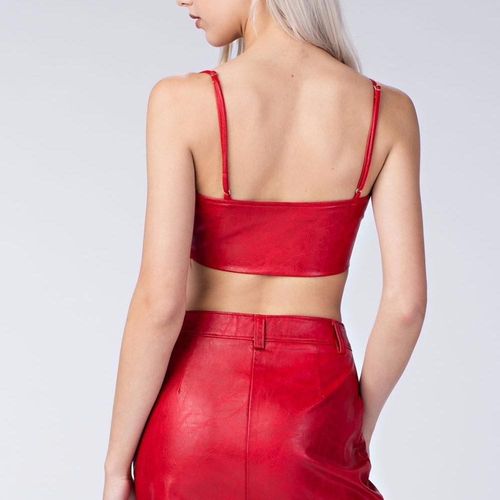 Red Faux Leather Deep V Crop Top - Picture 3 of 4