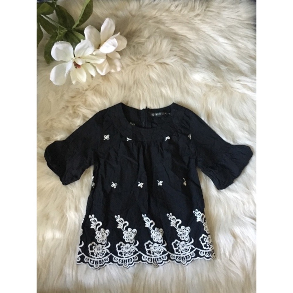 Girls' Black White Embroidered Top