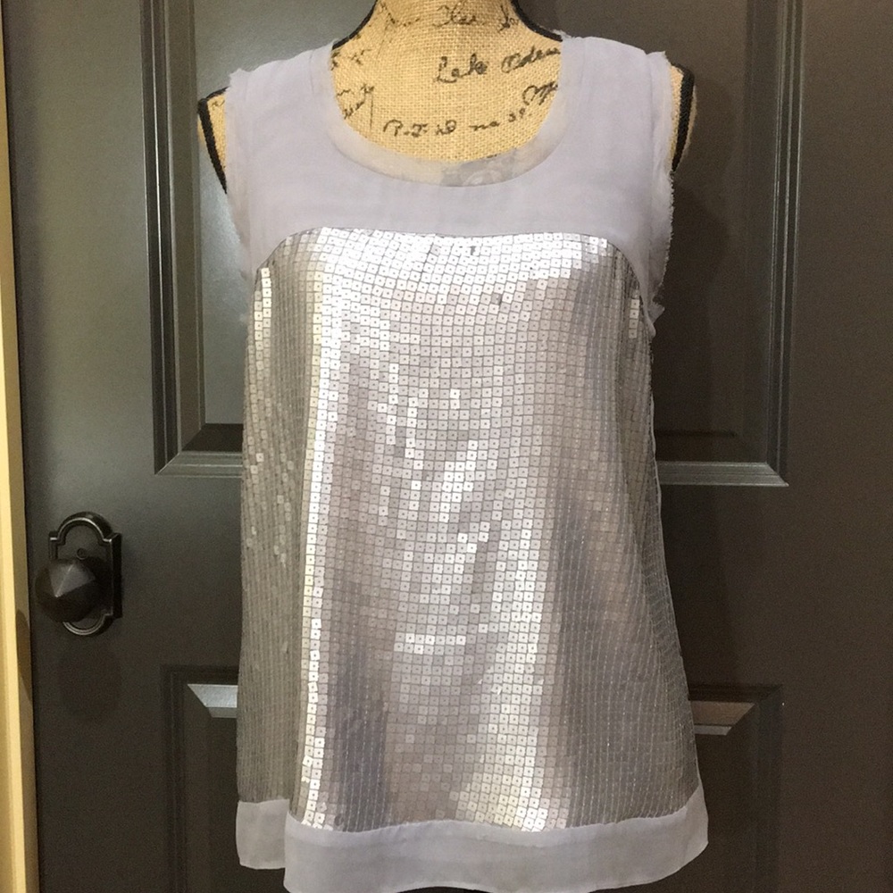 LOFT SILVER SEQUIN SHEER TOP EUC - Picture 2 of 6
