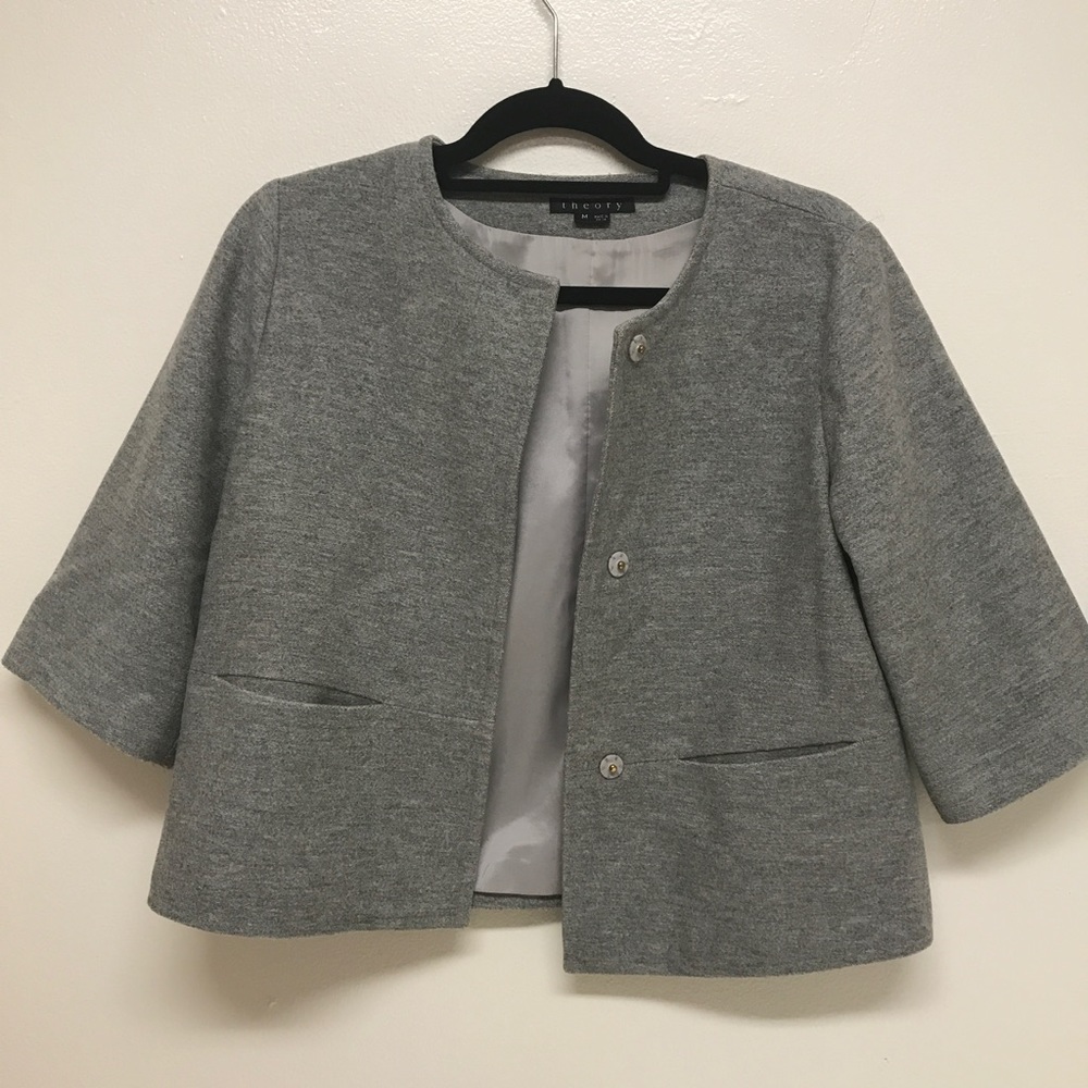 Theory Gray Wool Hidden Snap Blazer
