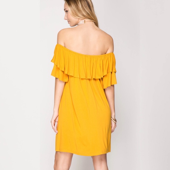 Off Shoulder Ruffle Golden Midi Dress - Picture 2 of 3