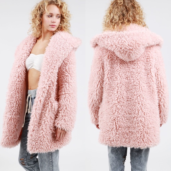 Vintage Style Shaggy Coat with Hood- DUSTY PINK - Picture 5 of 8
