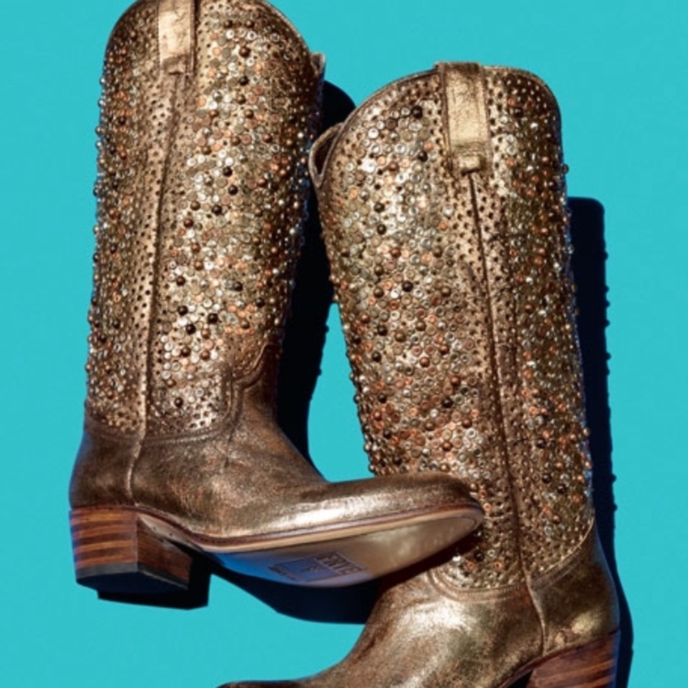 FRYE Gold studded Deborah Cowgirl Boots
