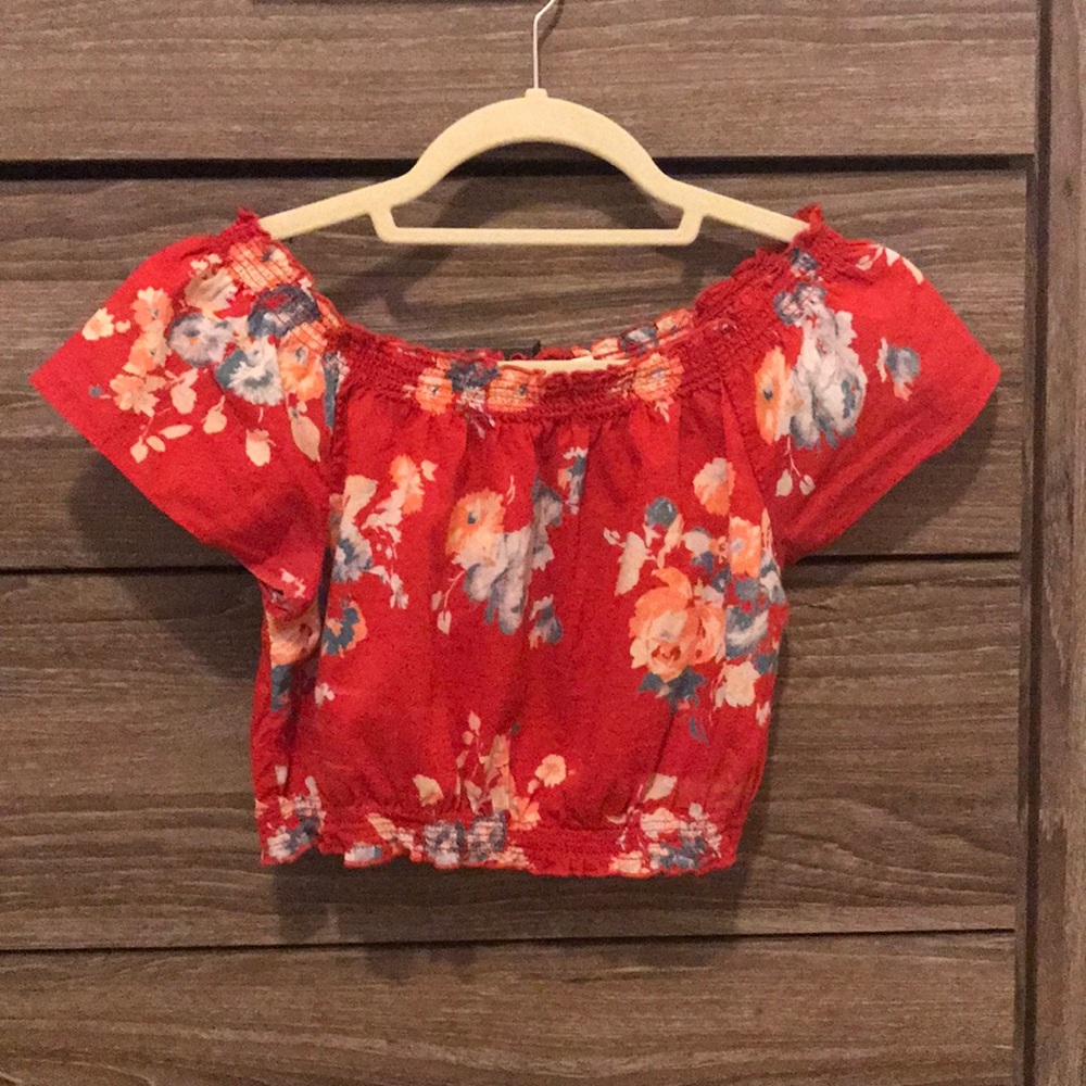 Red floral off the shoulder crop top