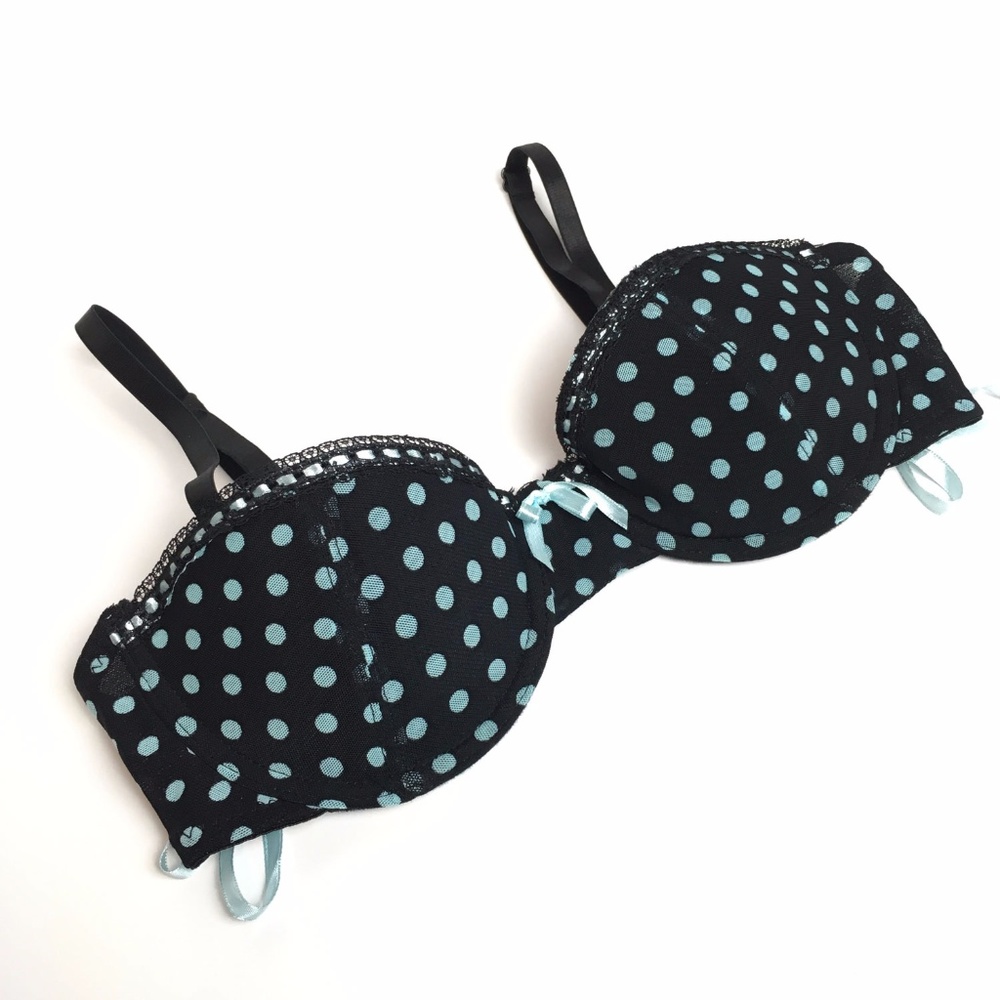 Rampage Black Blue Polka Dot Bra 34B Laceup Corset