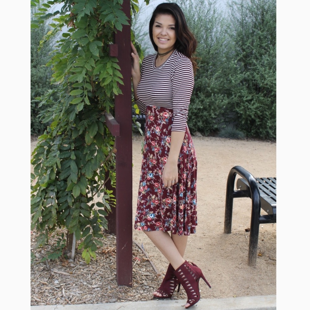 Burgundy Stripe and Floral Dress