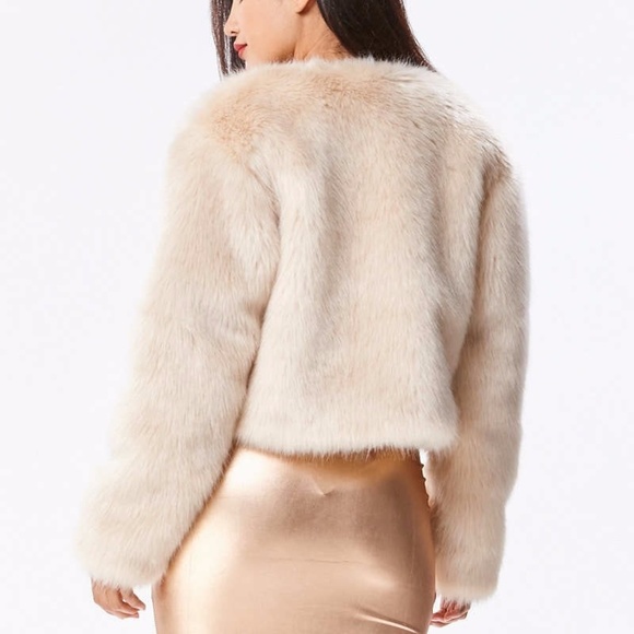 Cream Faux Fur Cropped Coat - Picture 5 of 6