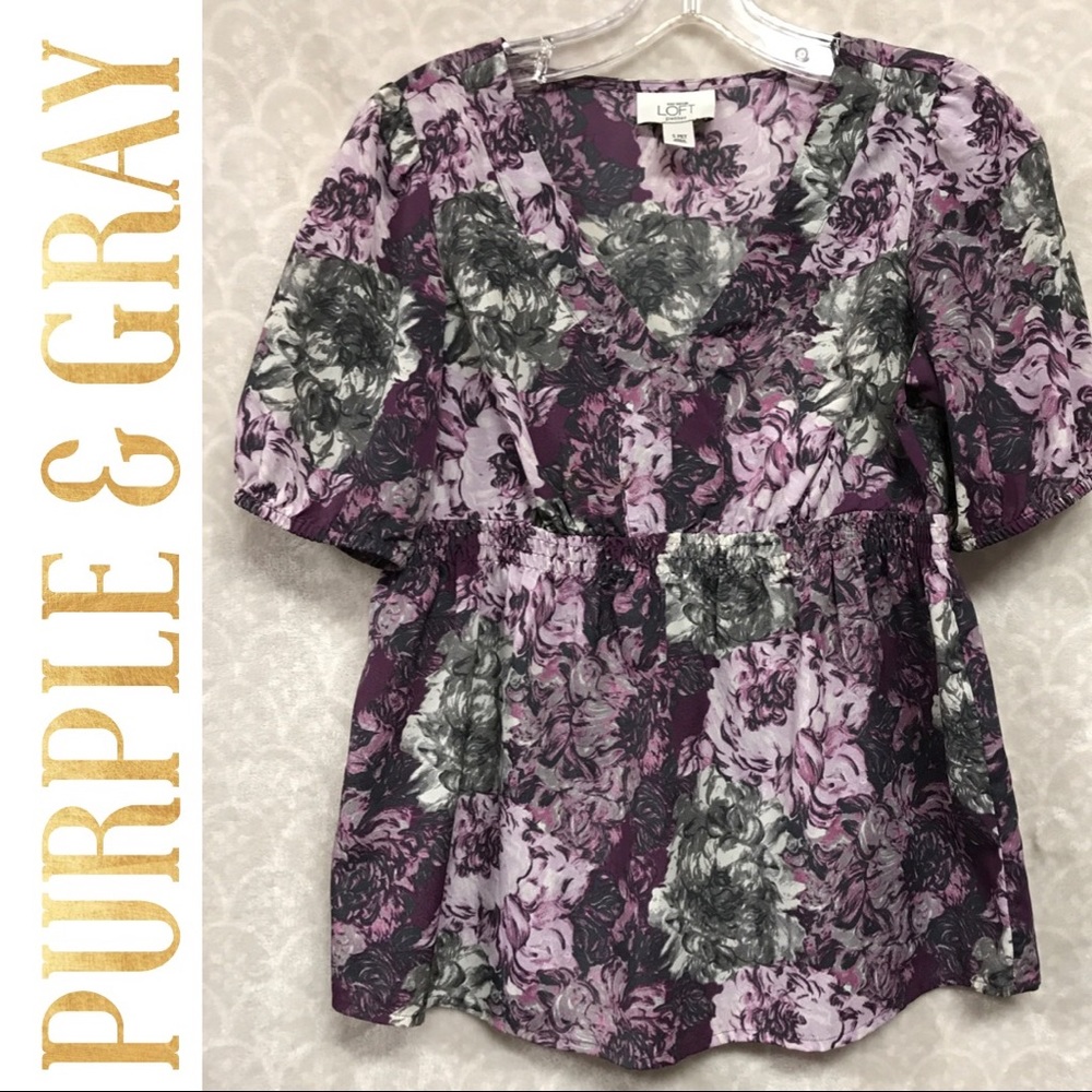 Ann Taylor V neck Cinched at the Waist Purple/Gray
