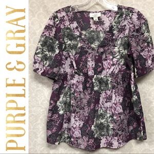 Ann Taylor V neck Cinched at the Waist Purple/Gray