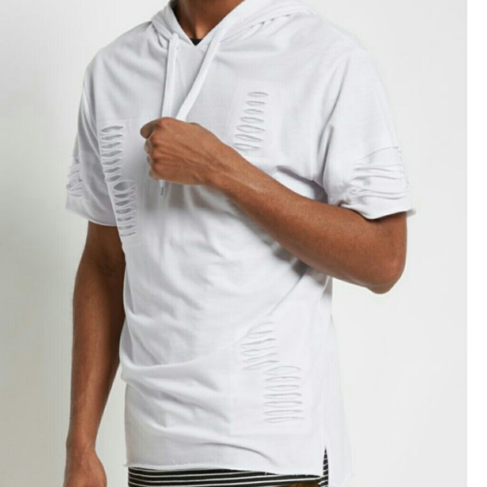 New Mens Slashed Short Sleeve Hoodie