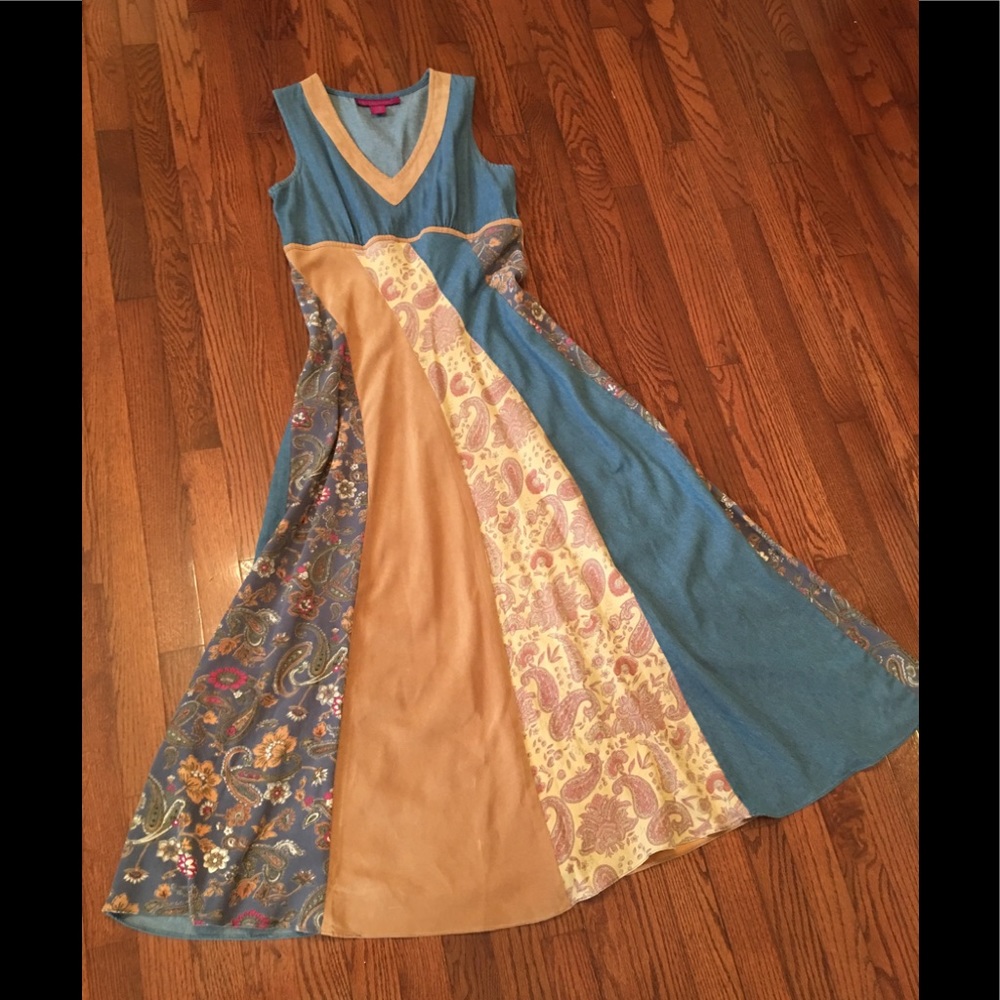 Simple blue Jean, patchwork, suede dress.
