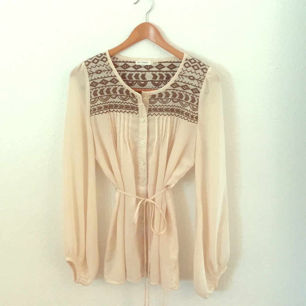 Ivory sheer woven top, long sleeve