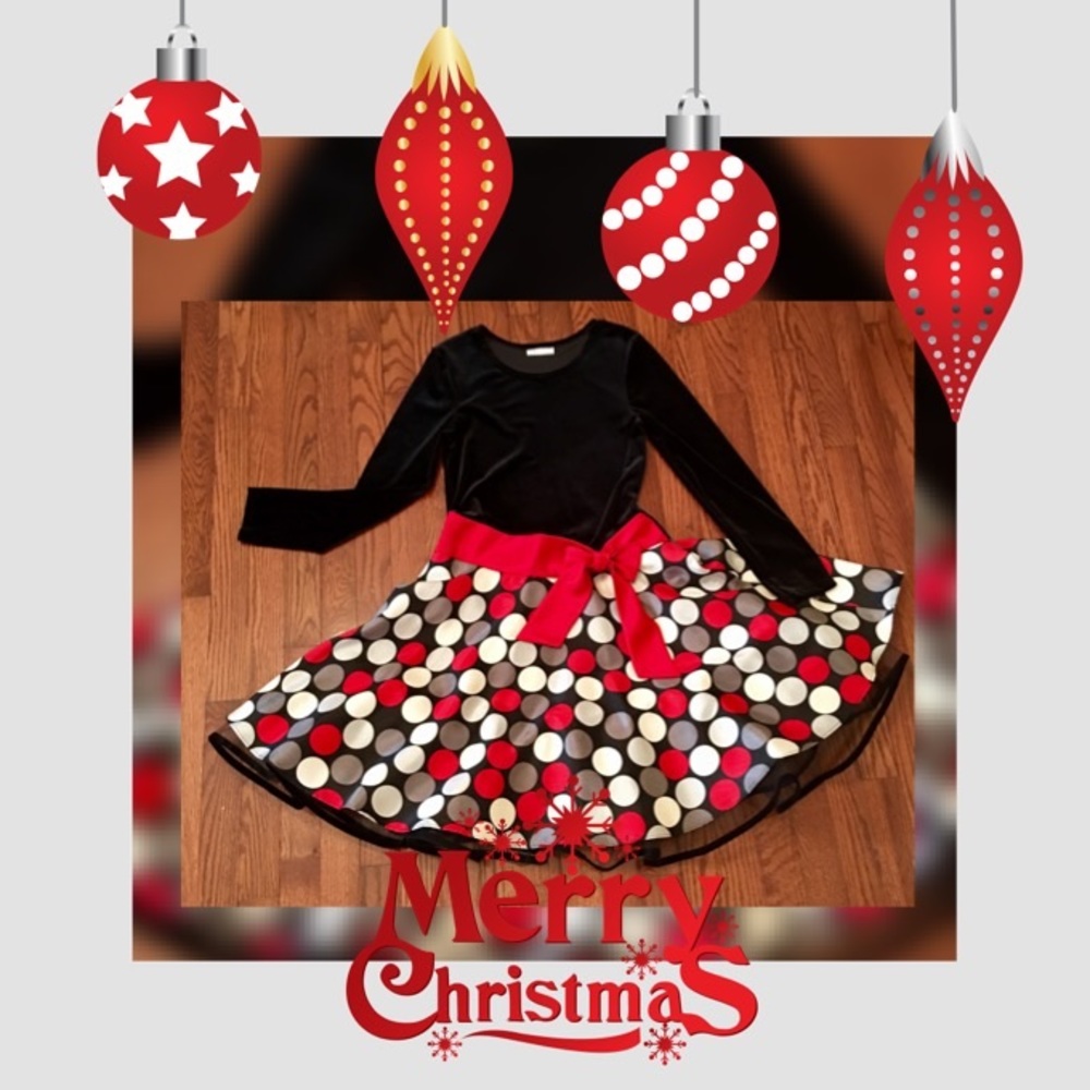 Gorgeous girls' black velvet & red polka dot dress