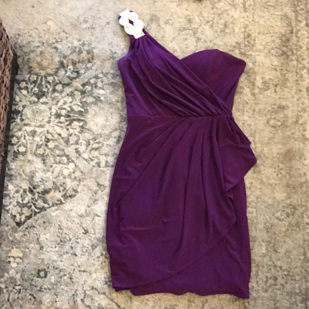 Purple one shoulder dress with jeweled accent
