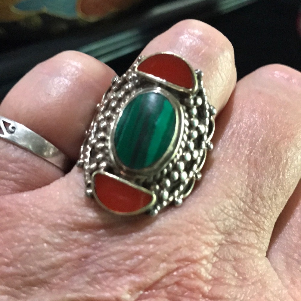 Large jade coral and silver ring