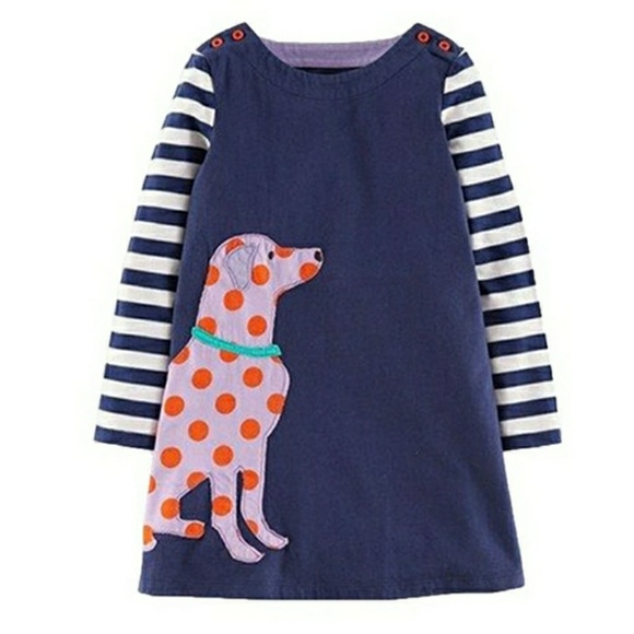 Girls Polka Dot Doggie Blue Striped Shirt Dress - Picture 1 of 3