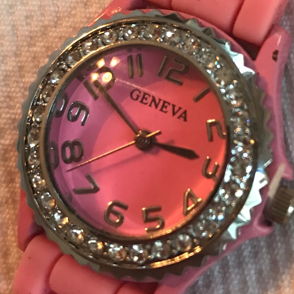Geneva Stainless Steel Pink Watch with Rhinestones