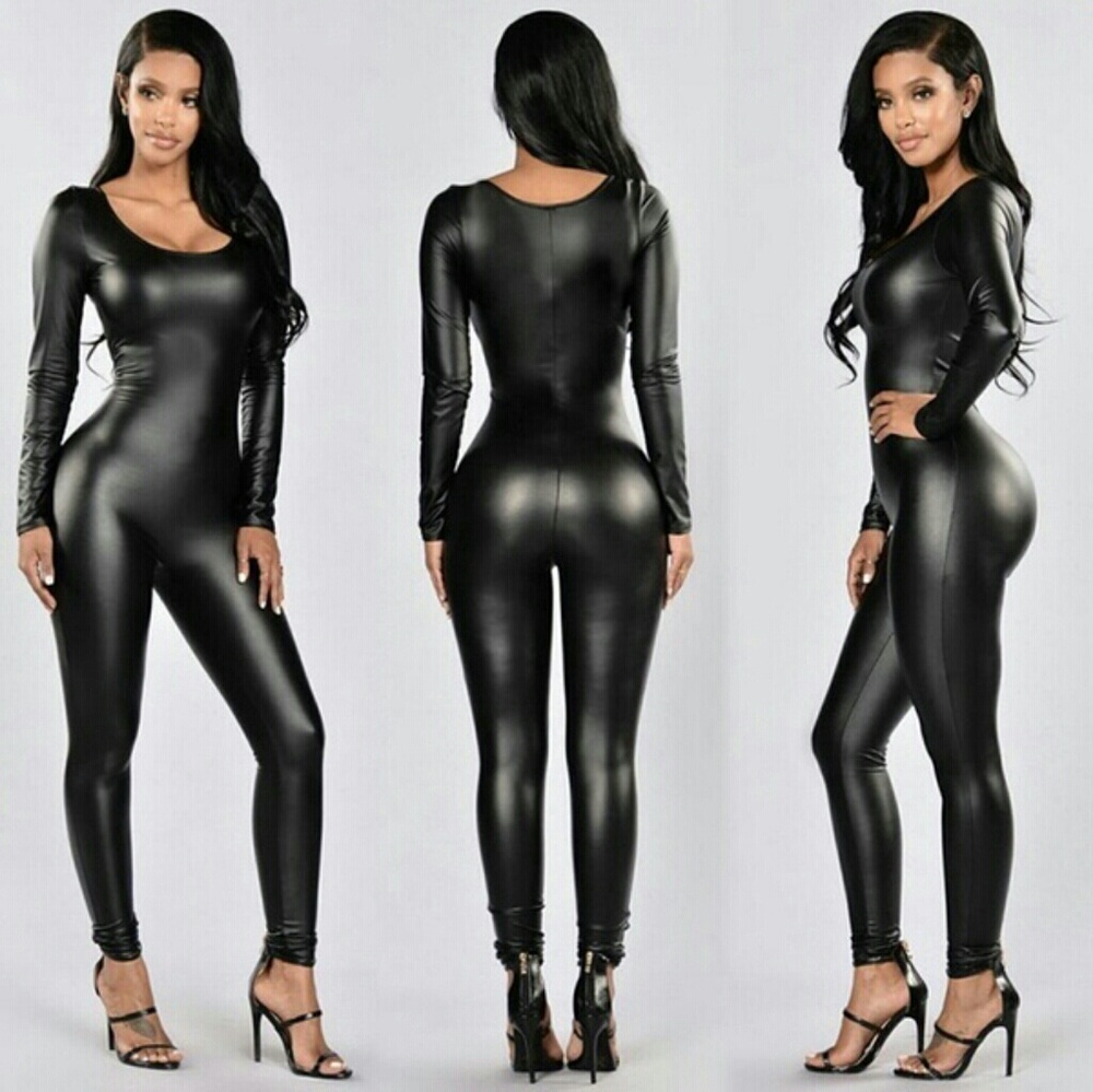 Black pleather liquid latex body suit