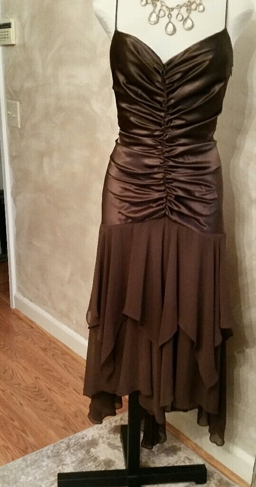 Chocolate brown asymmetrical stretch satin dress