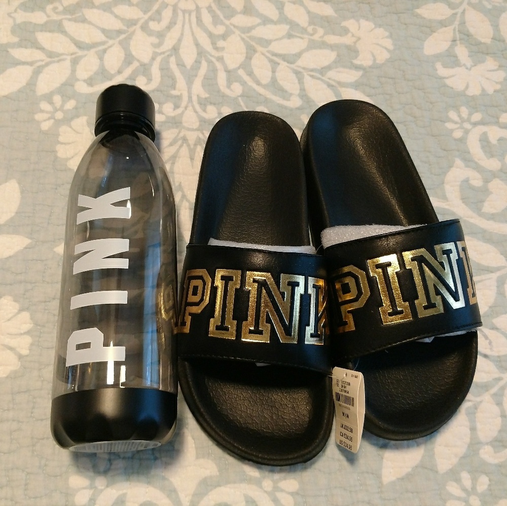 !!🎉PINK Slides and water bottle bundle