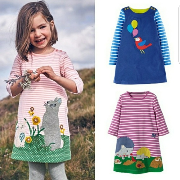 Girls Polka Dot Doggie Blue Striped Shirt Dress - Picture 2 of 3