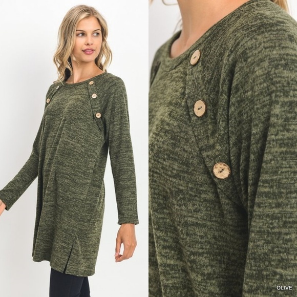 Olive Sweater Tunic Top 3 Button Detail - Picture 2 of 8