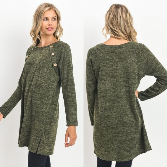 Olive Sweater Tunic Top 3 Button Detail - Picture 3 of 8