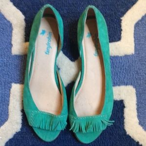 Faryl Robin turquoise suede peep-toe flats