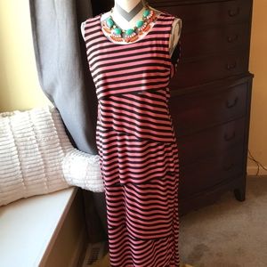 Coral orange and black slimming striped dress