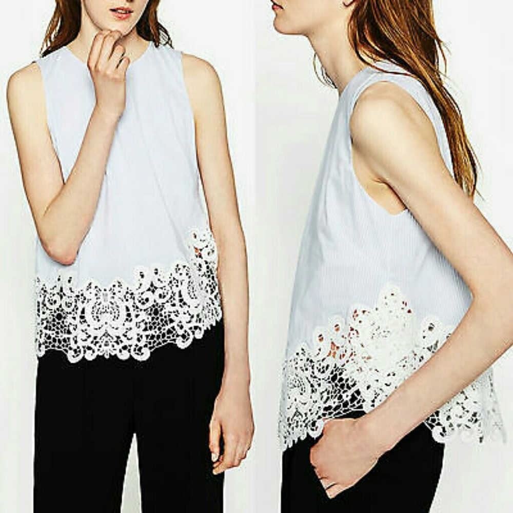 Zara Poplin & Lace Striped Top