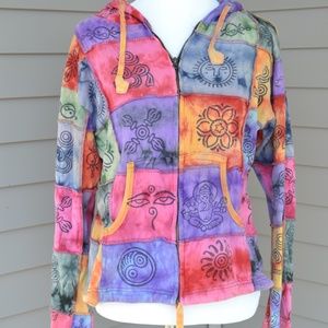 Patchwork Style Zip Up Hoodie With Tye Dye Squares