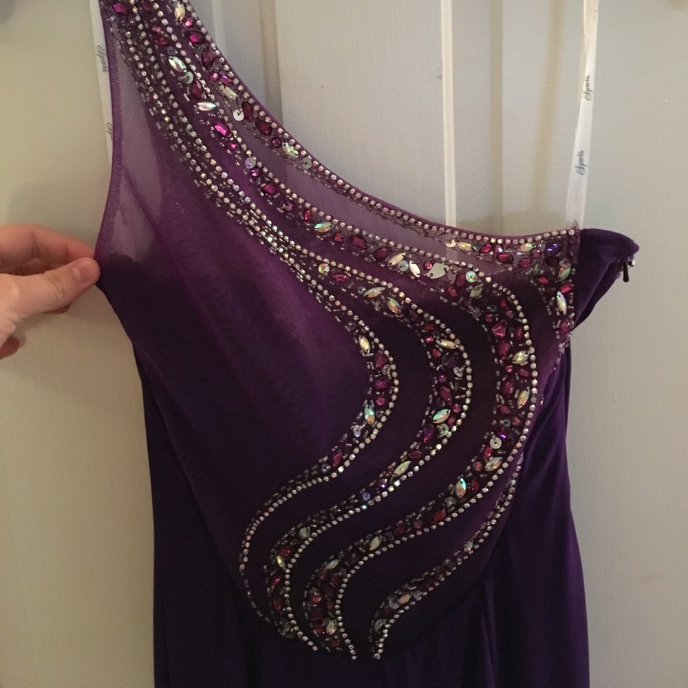 Long purple beaded prom dress